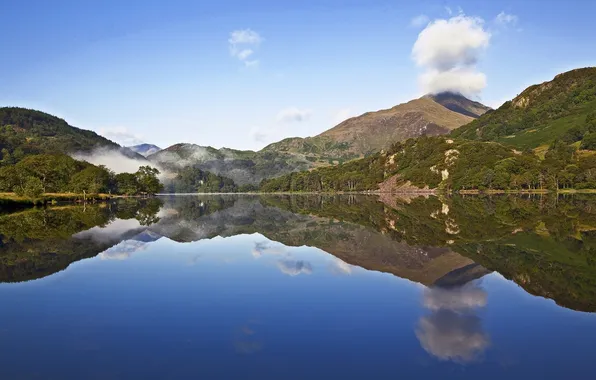 The sky, clouds, trees, mountains, fog, lake