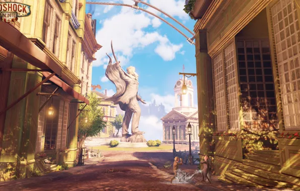 Picture road, water, the city, the game, home, statue, the bushes, Bioshock Infinite