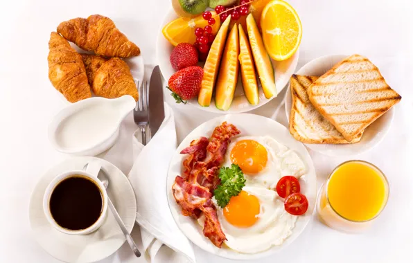 Picture coffee, Breakfast, juice, fruit, croissants, breakfast, serving, bacon and eggs