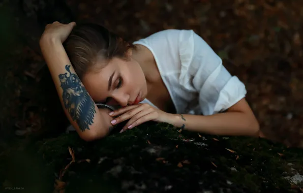 Picture girl, face, pose, mood, hands, tattoo, Christina, closed eyes