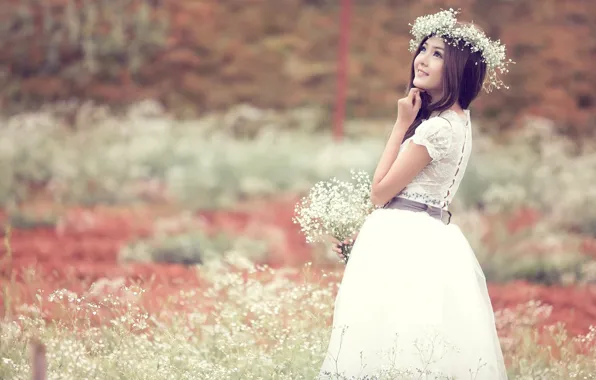 Field, dreams, flowers, mood, Girl, dress, Asian