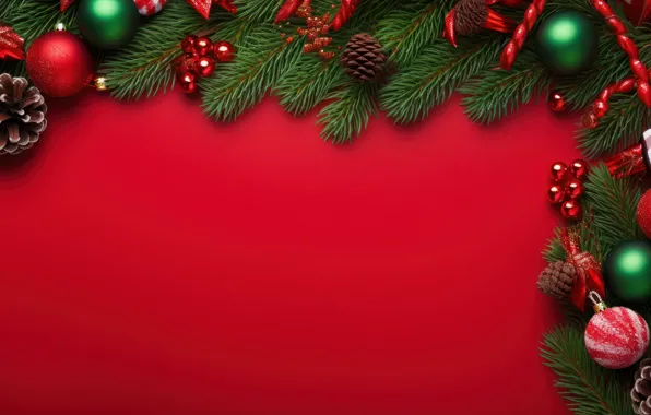Balls, branches, Christmas, red, New year, needles, bumps, red background