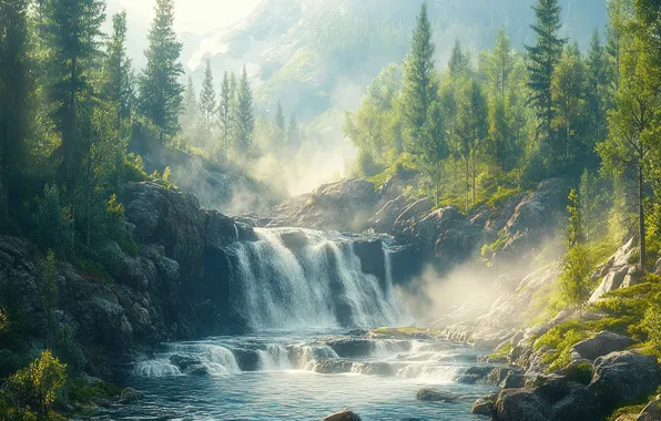 Forest, light, trees, mountains, nature, fog, stones, rocks