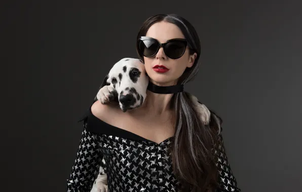 Pose, dog, glasses, Dalmatians, photoshoot, Marina Aleksandrova, Cruela De Vil, 101 Dalmatians
