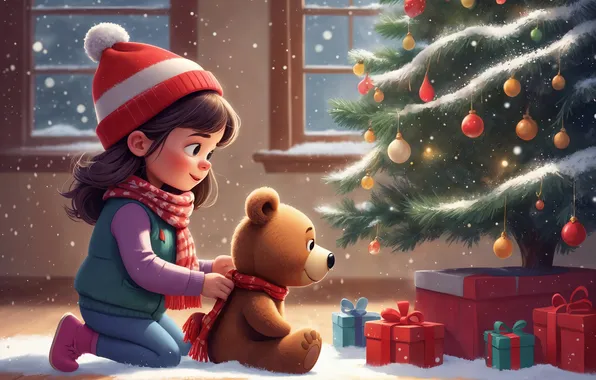 Picture Christmas, Bear, Girl, New year, Tree, Toys, Gifts, Digital art