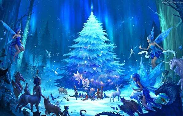 Picture forest, fantasy, holiday, anime, art, elves, New year, tree