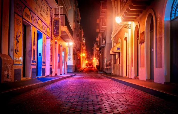 Road, night, lights, street, home, lights, the sidewalk, Puerto Rico
