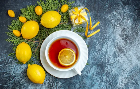 Table, gift, tea, the tea party, Cup, dishes, grey background, needles