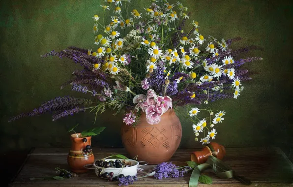 Leaves, flowers, berries, table, chamomile, bouquet, Veronica, tape