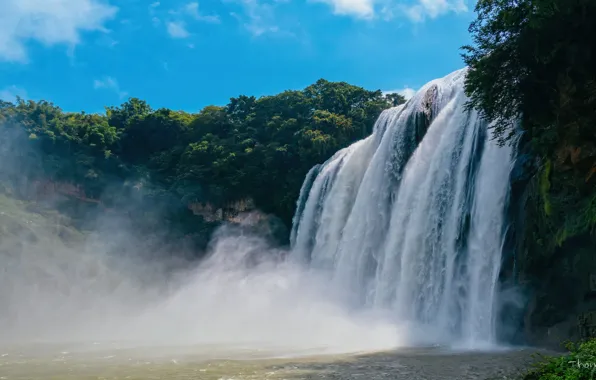 The sky, trees, blue, rocks, waterfall, stream, power