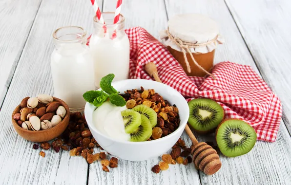 Breakfast, kiwi, honey, fruit, yogurt, granola, Olena Rudo
