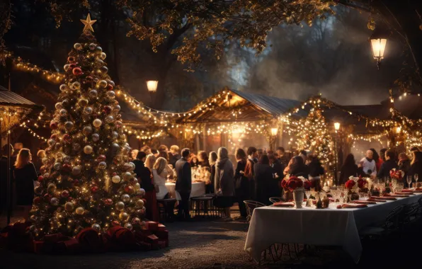 Balls, light, flowers, night, lights, table, people, tree