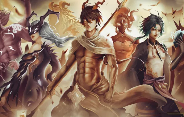 Girls, fantasy, guys, Xiao, Genshin Impact, Zhongli, Rex Lapis, Azhdaha