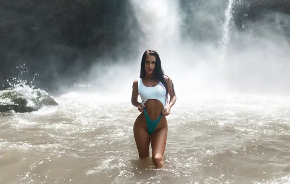 Water, girl, pose, rocks, waterfall, figure, legs, Belavin