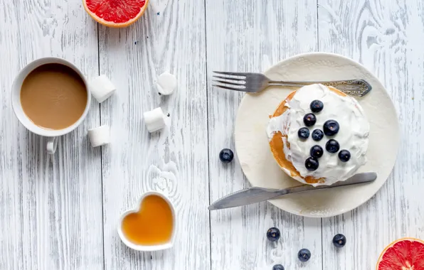 Berries, Breakfast, blueberries, honey, pancakes, wood, grapefruit, cocoa