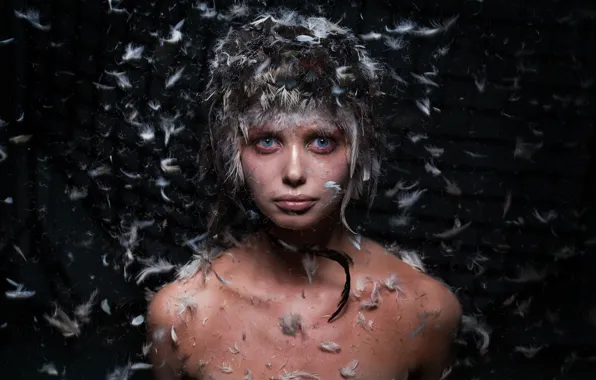 Girl, feathers, chicken