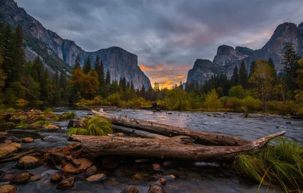 Autumn, forest, clouds, trees, mountains, river, stones, rocks