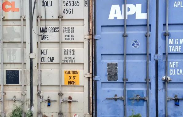 White, blue, letters, figures, container, iron