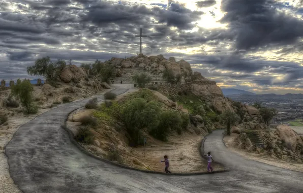 Road, the sky, clouds, children, cross, hill, hdr, USA