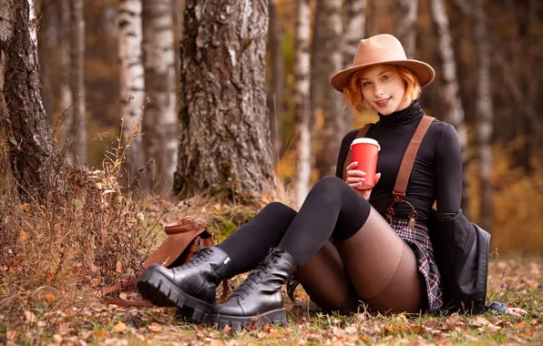 FOREST, HAT, STOCKINGS, SKIRT, KNEE, GLASS, AUTUMN, REDHEAD