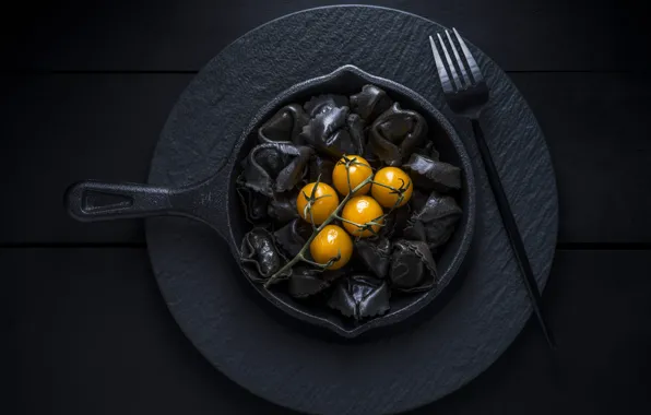The dark background, table, stylish, yellow, plug, tomatoes, tomatoes, black