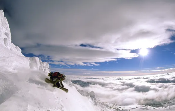 Picture the sun, clouds, snow, mountains, Snowboard