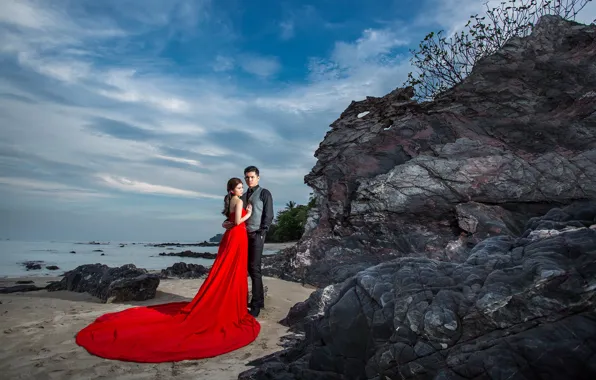 Sea, the sky, girl, the evening, dress, guy, lovers, Sonam Prajapati