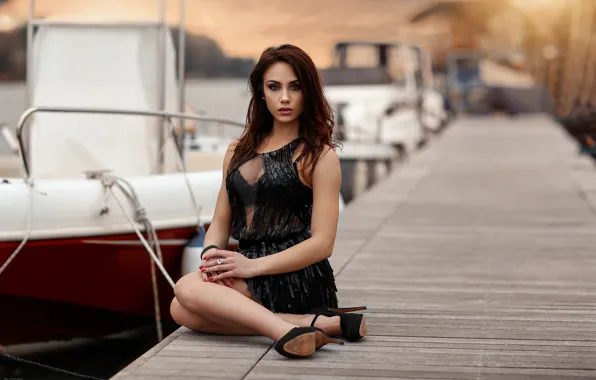 Picture look, girl, pier, dress, brunette, shoes, heels, red