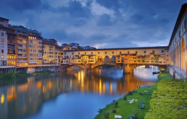 Night, bridge, lights, river, home, Italy, Florence, Arno