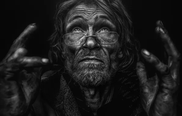 Picture eyes, face, hair, hands, glasses, jacket, male, beard