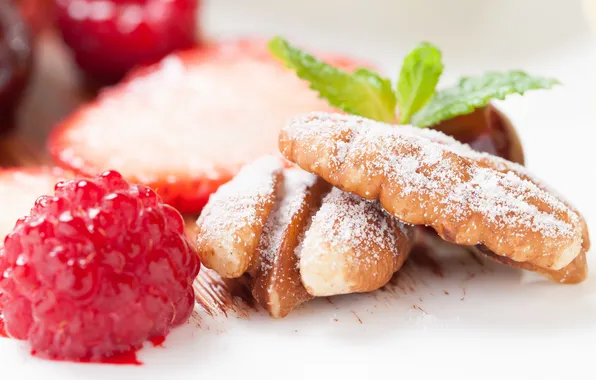 Picture raspberry, cookies, berry, cakes, powdered sugar