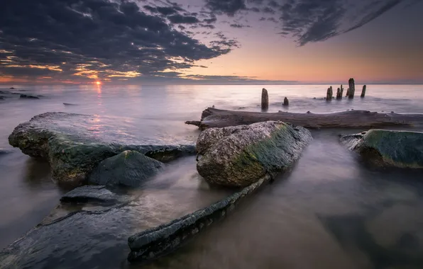 Sea, landscape, sunset, stones