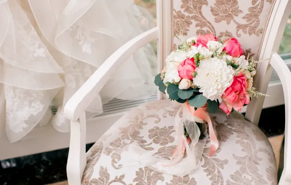 Chair, veil, wedding, the bride's bouquet