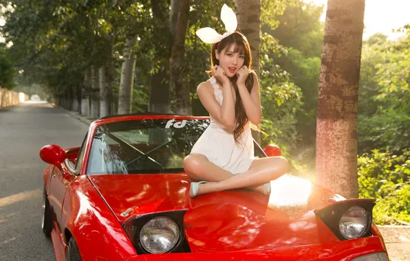 Picture look, Girls, Asian, beautiful girl, red car, Mazda MX5, posing on the hood of the …