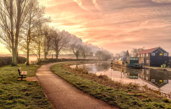 Trees, England, home, channel, bench, Eruos