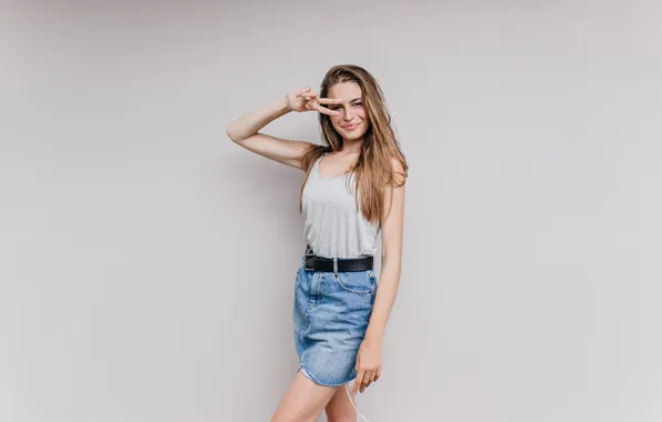 Girl, beauty, skirt, tank top, denim