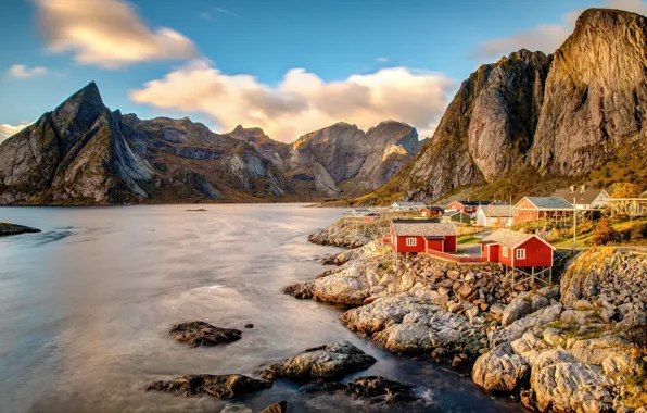 The sky, mountains, stones, rocks, shore, Norway, house, pond