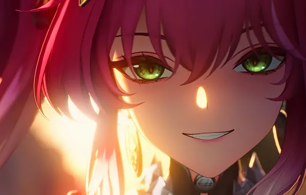 Picture light, smile, red hair, green eyes, video game, video game, Wuthering Waves, Kuro Games