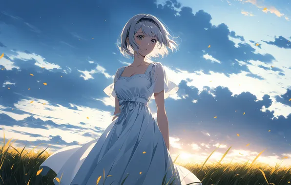 Field, girl, the sun, anime, girl, field, woman, anime