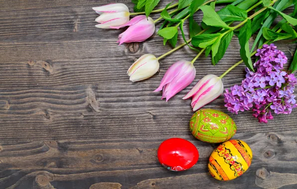 Picture flowers, eggs, Easter, tulips, happy, wood, pink, flowers