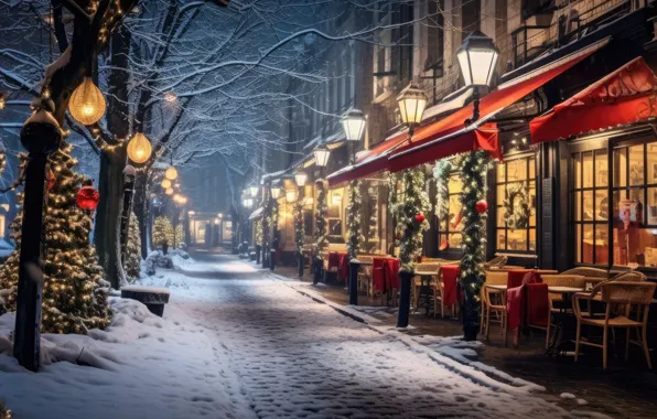 Picture winter, snow, decoration, night, the city, lights, street, tree