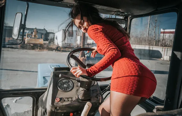 Ass, pose, Girl, technique, dress, tractor, cabin, Anton Kharisov
