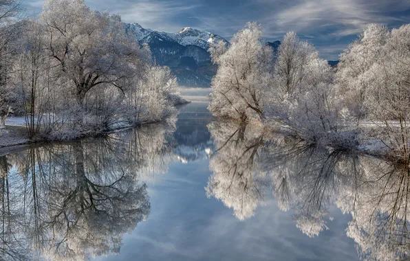 Picture winter, frost, trees, mountains, lake, Germany, Bayern