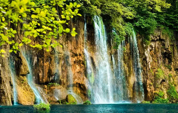 Picture trees, rock, waterfall, moss, stream, water, beautiful, Waterfall