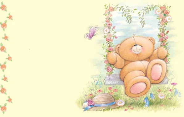 Summer, flowers, swing, mood, the game, art, bear, children's