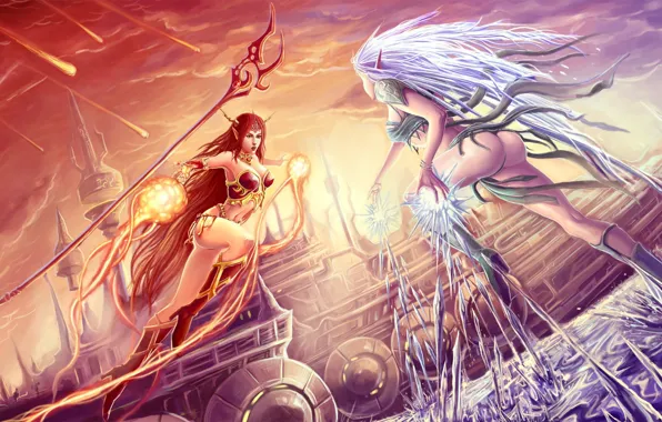 Ass, clouds, magic, figure, staff, legs, magic, woman