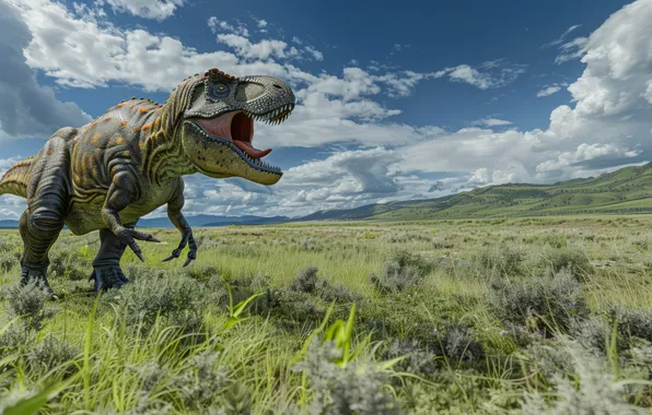 Clouds, Grass, Predator, Dinosaur, Animal, Digital art, Tyrannosaurus, Grin