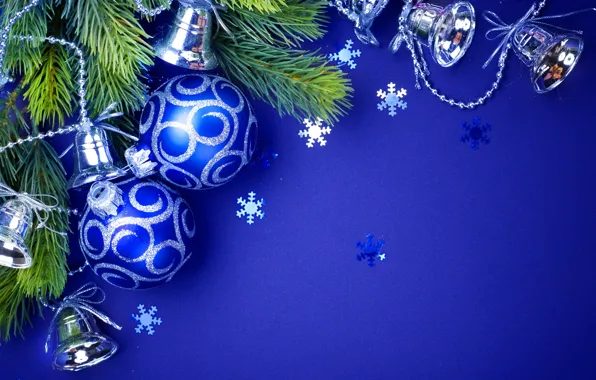 Holiday, Balls, New year, beads, Decoration, bells, blue background, Fir-tree branches