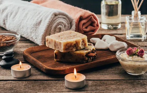 Stones, towel, Candles, soap, Spa, sea salt