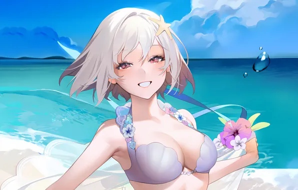 Girl, sexy, cleavage, beach, sky, sea, boobs, anime
